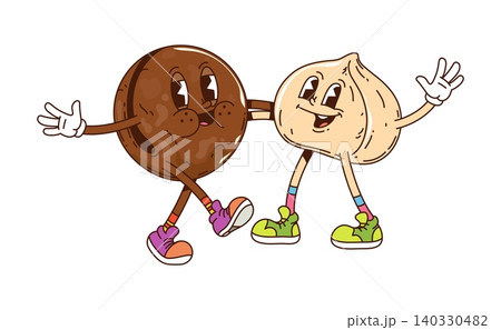Cartoon groovy macadamia nut and seed friends characters cheerfully hugging. Retro food personages with vintage hippie sneakers, capture funky y2k vibe of friendship, health, celebration and happiness 140330482