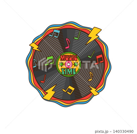 Cartoon groovy music vinyl record with colorful notes, lightning symbols and central music time label. Isolated vector retro hippie y2k disc with rhythm, sound energy and playful decorative elements Cartoon groovy music vinyl record with colorful notes, lightning symbols and central music time label. Isolated vector retro hippie y2k disc with rhythm, sound energy and playful decorative elements 140330490