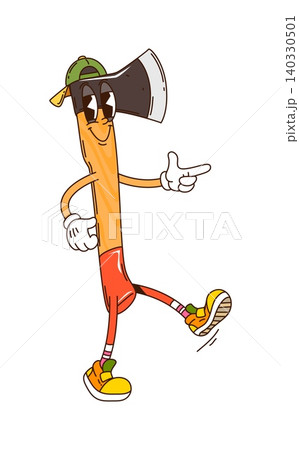 Cartoon funky groovy ax travel camp and tourism character. Isolated vector retro axe camping tool personage with friendly face, sharp blade and wood handle wears cap and sneakers ready for woodcutting Cartoon funky groovy ax travel camp and tourism character. Isolated vector retro axe camping tool personage with friendly face, sharp blade and wood handle wears cap and sneakers ready for woodcutting 140330501