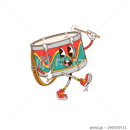 Cartoon groovy drum character in red sneakers, playing with drumsticks. Walking vector drum mascot for vintage concert graphics, music festival merchandise, or hipster event promotions 140330511