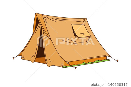 Cartoon retro groovy tent travel camp and tourism item. Isolated vector funky tourist fabric shelter with pegs on grass, hike object for outdoor summer adventures and camping or hiking fun activities 140330515
