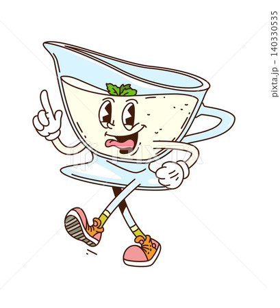 Cartoon funky groovy bechamel or mayonnaise sauce character with parsley, happy expression and playful pose. Vector glass gravy boat retro food personage full of tasty dressing, cheerfully gesturing Cartoon funky groovy bechamel or mayonnaise sauce character with parsley, happy expression and playful pose. Vector glass gravy boat retro food personage full of tasty dressing, cheerfully gesturing 140330535