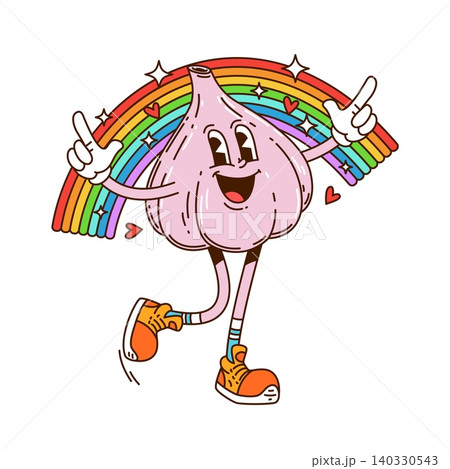 Cartoon groovy garlic vegetable character with cheerful face, hearts, sparks and rainbow, embodies a playful retro y2k vibes. Isolated vector healthy garden plant personage dances with happy smile Cartoon groovy garlic vegetable character with cheerful face, hearts, sparks and rainbow, embodies a playful retro y2k vibes. Isolated vector healthy garden plant personage dances with happy smile 140330543