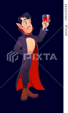 Halloween Dracula cartoon character in classic vampire outfit, vector personage. Halloween horror night holiday character of Dracula with high collar cape and wine glass goblet or blood cup cheers 140330544