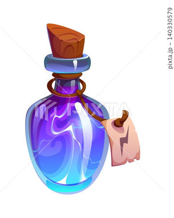 Magic potion bottle with energy spell or liquid lightning in vial flask, cartoon vector. Witch magic potion bottle with cork and label, witchcraft elixir drink of light mixture for Halloween Magic potion bottle with energy spell or liquid lightning in vial flask, cartoon vector. Witch magic potion bottle with cork and label, witchcraft elixir drink of light mixture for Halloween 140330579