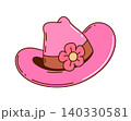 Cowgirl pink hat for disco groovy cartoon icon of girly cowboy sombrero with flower. Wild West cowgirl or Western cowboy girl pink hat with hippie flower for girly country rodeo and t shirt print 140330581