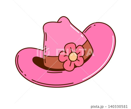 Cowgirl pink hat for disco groovy cartoon icon of girly cowboy sombrero with flower. Wild West cowgirl or Western cowboy girl pink hat with hippie flower for girly country rodeo and t shirt print Cowgirl pink hat for disco groovy cartoon icon of girly cowboy sombrero with flower. Wild West cowgirl or Western cowboy girl pink hat with hippie flower for girly country rodeo and t shirt print 140330581