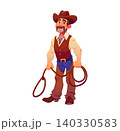Cowboy with lasso, Wild West cartoon character or ranger bandit personage. Western cowboy man in sombrero hat with mustaches and lasso rope for horse rodeo, Arizona or Texas Wild West character 140330583