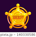 Sheriff badge of golden star for Wild West and Western police officer shield, cartoon icon. Sheriff badge with heraldic laurel wreath of shiny star for Western American and Wild West cowboy officer 140330586