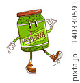 Cartoon groovy funky pesto sauce jar character with smiling face, shaka gesture and carefree pose. Vector retro condiment, vintage food glass container personage with expressive culinary y2k vibe 140330591