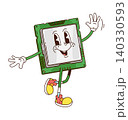 Cartoon funky groovy chip processor, computer part retro character. Vector vintage nostalgic memory tech personage waving hand with cheerful face. Funny technology device, comic microchip hardware 140330593