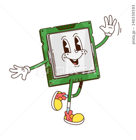 Cartoon funky groovy chip processor, computer part retro character. Vector vintage nostalgic memory tech personage waving hand with cheerful face. Funny technology device, comic microchip hardware Cartoon funky groovy chip processor, computer part retro character. Vector vintage nostalgic memory tech personage waving hand with cheerful face. Funny technology device, comic microchip hardware 140330593