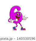 Math number six groovy character. Cartoon cute funny vector arithmetic educational digit 6 school personage with cheerful face and vibrant pink color. Hippie mathematics sign and numeral figure 140330596