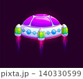 Cartoon UFO spaceship with glowing neon lights and hovering beams, unidentified flying object icon, extraterrestrial spaceship saucer game asset. Vector futuristic sci fi alien engine in dark space 140330599