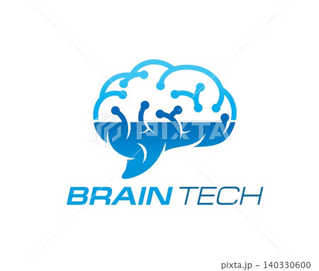 Brain hub tech icon or pictogram. Neurotechnology innovation emblem, AI science startup icon. Brain tech company isolated sign with human brain blue shape, computer motherboard electronic traces 140330600