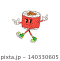 Groovy sushi character or cartoon funny Japanese roll with happy face, vector emoji. Groovy sushi roll character with caviar in rice and funky smile, walking in hipster shoes for good vibes emoticon 140330605