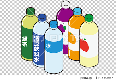 一組等距插圖（帶輪廓線），展示了排列成行的果汁、水、軟性飲料和綠茶瓶。 140330667