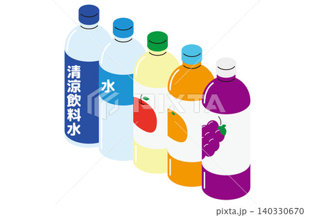 ペットボトルのフルーツジュースと水清涼飲料水が斜め整列したアイソメイラストセット（主線なし） 140330670