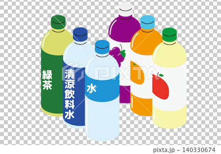 一組等距插圖(無輪廓線),展示了排列成行的果汁、水、軟性飲料和綠茶瓶。 一組等距插圖(無輪廓線),展示了排列成行的果汁、水、軟性飲料和綠茶瓶。 140330674