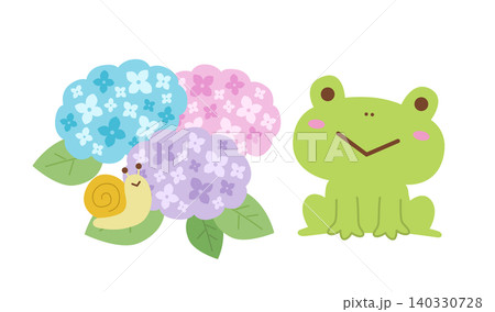 かわいいカエルとあじさいのイラスト 140330728