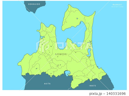 海や湖を着色した「青森県」詳細な地図シリーズ。（隣県、市町村の区分、英語表記） 140331696