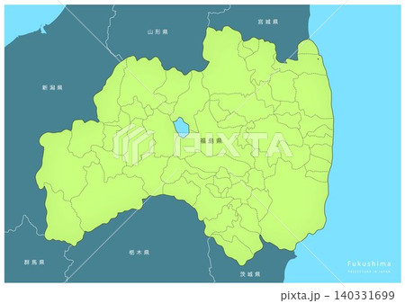 海や湖を着色した「福島県」詳細な地図シリーズ。(隣県、市町村の区分、日本語表記) 海や湖を着色した「福島県」詳細な地図シリーズ。(隣県、市町村の区分、日本語表記) 140331699