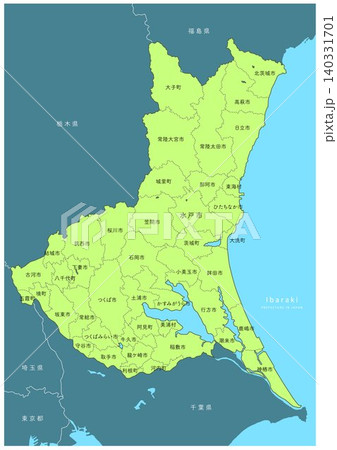 海や湖を着色した「茨城県」詳細な地図シリーズ。(隣県、市町村の区分、市町村名、日本語表記) 海や湖を着色した「茨城県」詳細な地図シリーズ。(隣県、市町村の区分、市町村名、日本語表記) 140331701