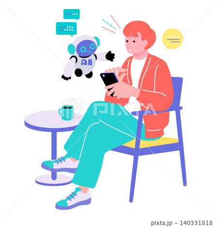 椅子に座りスマホでAIロボットと会話する男性のイラスト　生成AI・チャット・活用 140331818