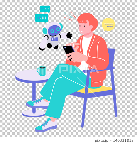 椅子に座りスマホでAIロボットと会話する男性のイラスト　生成AI・チャット・活用 140331818
