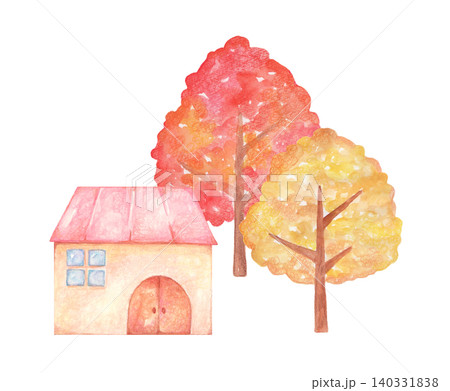 赤い屋根の家と紅葉した木々のイラスト 赤い屋根の家と紅葉した木々のイラスト 140331838