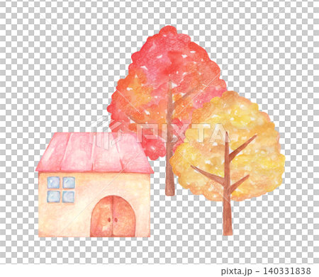赤い屋根の家と紅葉した木々のイラスト 赤い屋根の家と紅葉した木々のイラスト 140331838