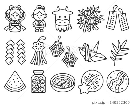 いろいろな、七夕のアイコン（線画）のイラストセット 140332309