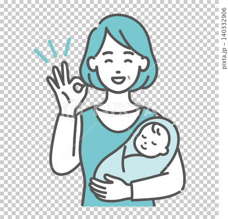 一幅插圖,描繪了一位中年母親抱著嬰兒,做出「OK」手勢。 一幅插圖,描繪了一位中年母親抱著嬰兒,做出「OK」手勢。 140332906