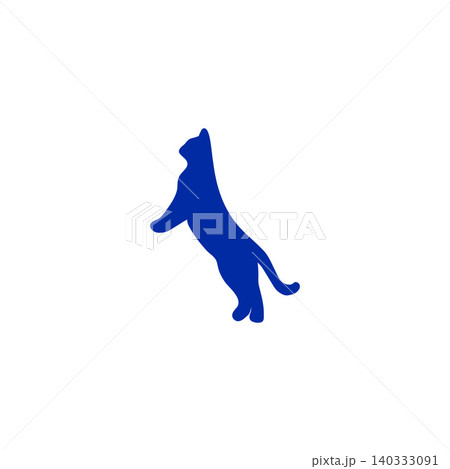青い猫のシルエット、ジャンプする瞬間、白背景、躍動感のある動物イラスト素材 140333091