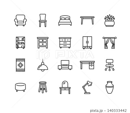家具とインテリアのシンプルな線画アイコンセット 家具とインテリアのシンプルな線画アイコンセット 140333442