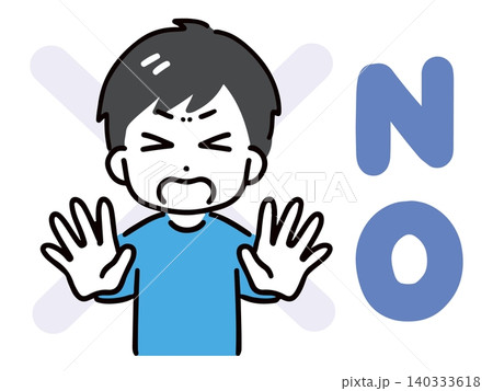 NOサインを出す私服の若い男性と不正解のバツ(上半身・正面) 140333618