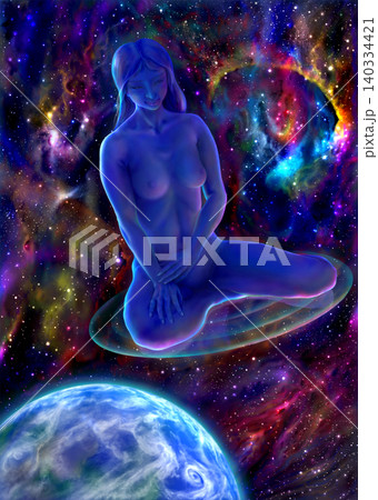 星雲に囲まれて瞑想するガイアの女神 140334421