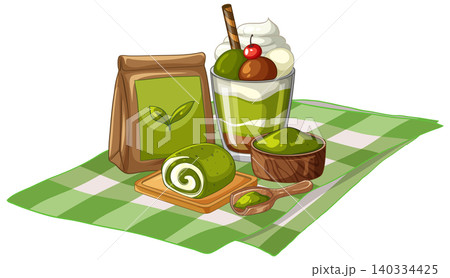 Matcha Green Tea Dessert Set with Parfait and Swiss Roll 140334425
