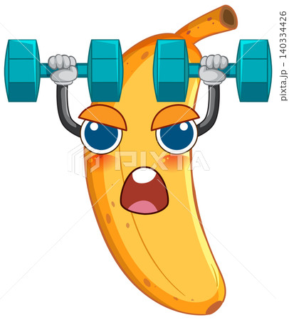 Cartoon Banana Character Lifting Blue Dumbbells for Fitness and Health 140334426