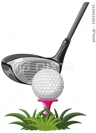 Golf Driver Club Aiming at Ball on Pink Tee in Grass 140334435