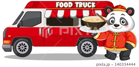 Cartoon Panda Chef Serving Hot Ramen Noodle Soup Beside Red Food Truck Cartoon Panda Chef Serving Hot Ramen Noodle Soup Beside Red Food Truck 140334444