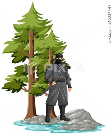 Japanese Ninja Warrior Standing on Rocks Near Pine Trees and Water 140334447