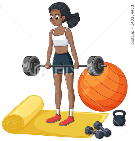 African American Woman Lifting Barbell with Gym Equipment Vector Illustration African American Woman Lifting Barbell with Gym Equipment Vector Illustration 140334453