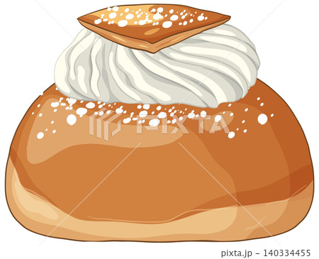 Traditional Swedish Semla Bun with Whipped Cream and Powdered Sugar 140334455