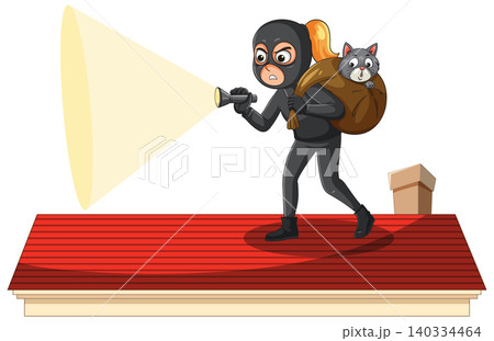Burglar Sneaking on Rooftop With Cat in Sack Burglar Sneaking on Rooftop With Cat in Sack 140334464