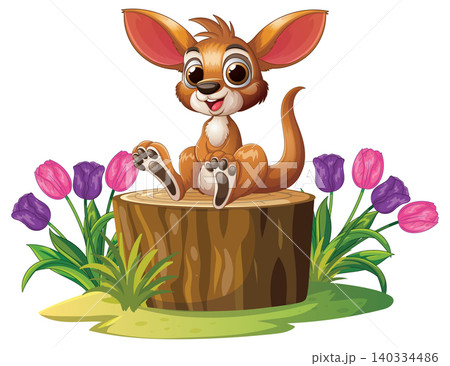 Cute Cartoon Baby Kangaroo Sitting on a Tree Stump with Spring Flowers 140334486
