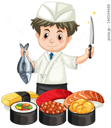 Cartoon Sushi Chef Holding Fresh Fish and Knife with Assorted Sushi 140334489