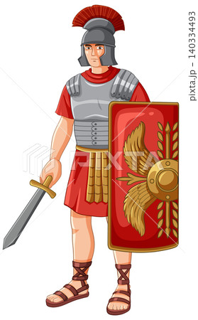 Ancient Roman Centurion Soldier Standing with Sword and Scutum Shield 140334493