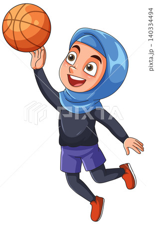 Young Muslim Girl Wearing Hijab Playing Basketball Vector Illustration 140334494