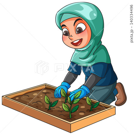 Young Muslim Girl Wearing Hijab Planting Seedlings in a Wooden Garden Box 140334496
